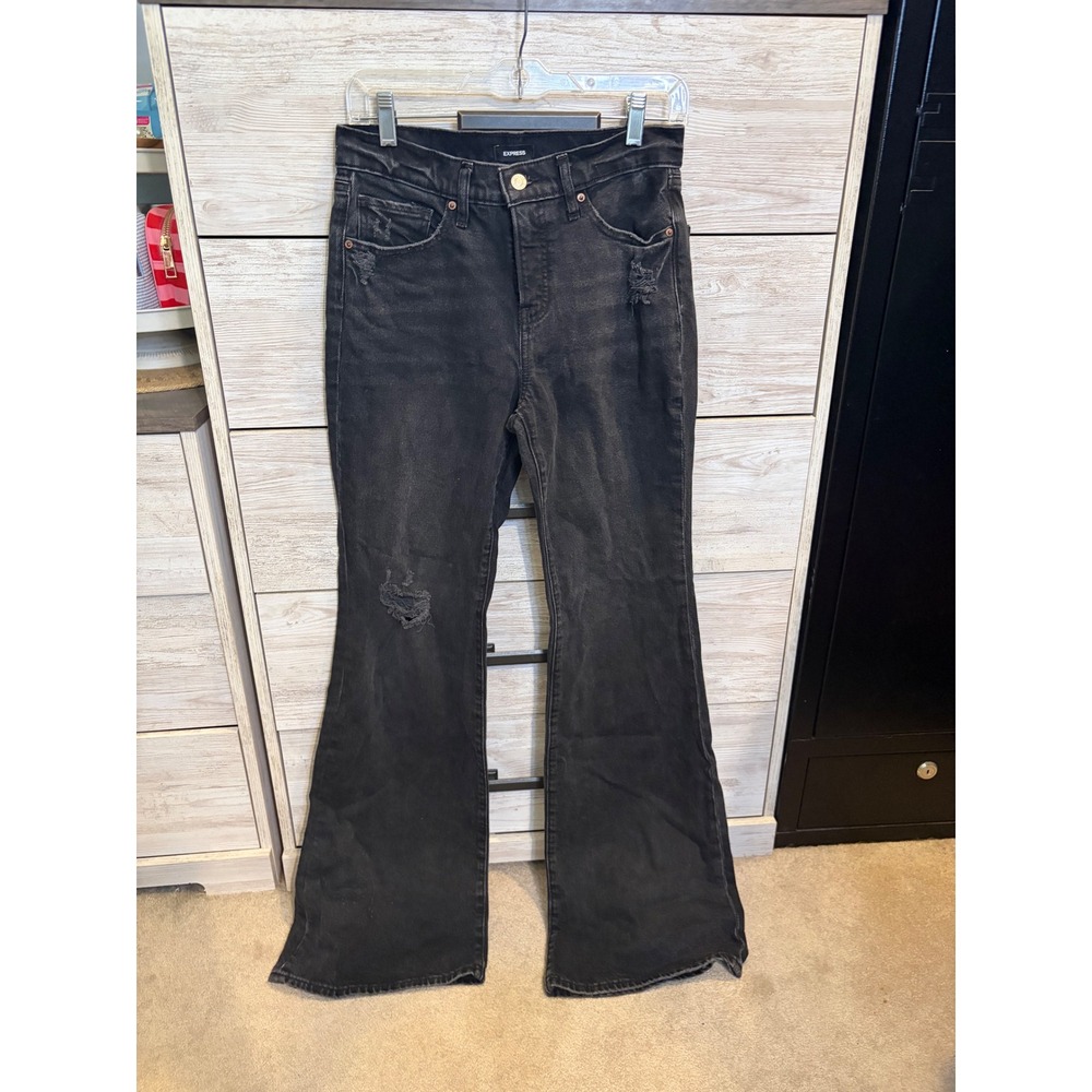 Express 70s Flare Mid Rise Distressed Black Jeans Size 6L Long